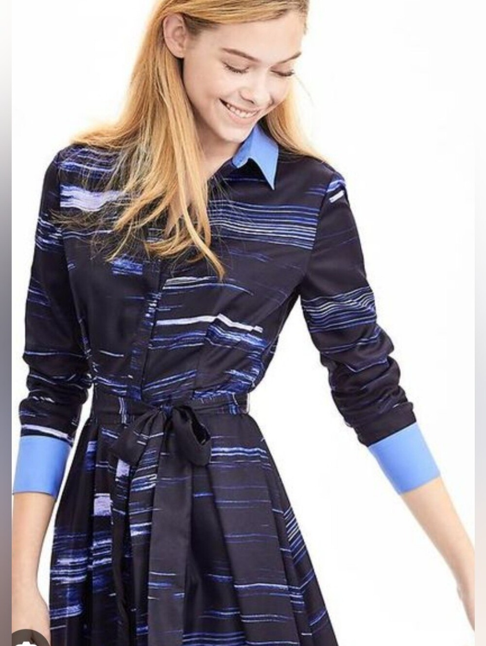 New banana Shirt Dress Black/Blue Striped Collared Button Long Sleeve Belted Mid